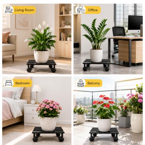 Image of Plant Stand with Wheels - Heavy Duty Metal Rolling Plant Caddy for Pots & Planters, Rust-Proof Iron Trolley with 360 Rotating Wheels, Indoor Outdoor Balcony Garden Use (Black, Pack of 4)