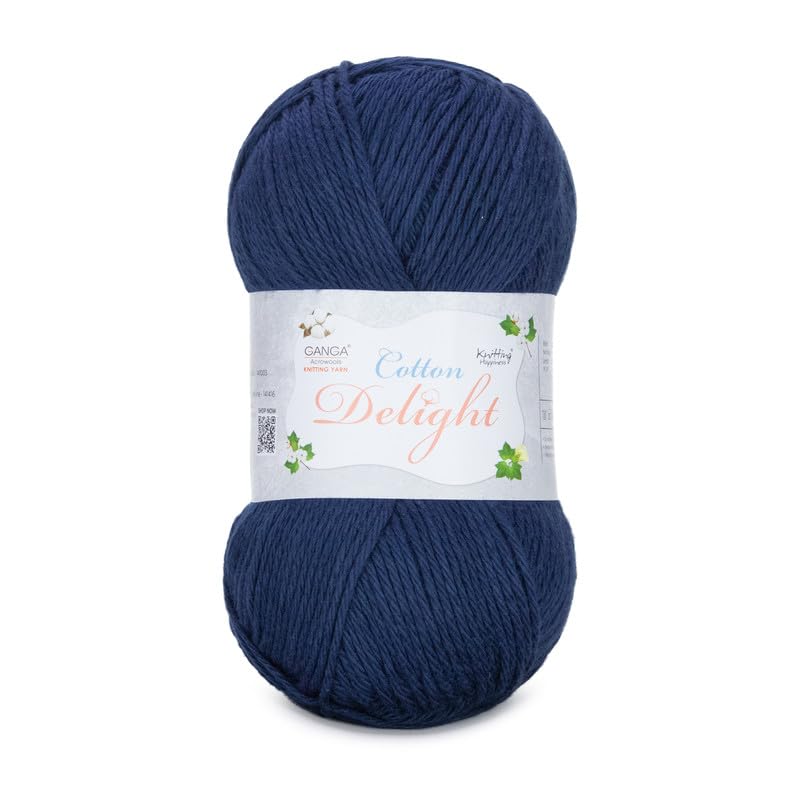Image of Ganga Acrowools Cotton Delight, Dk Weight Cotton Yarn, Oekotex Class L Certified 100G, 169M, Pack of 1 Ball - 100gm Each, Shade No. - COD068 Navy Blue