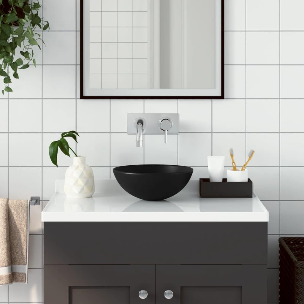 vidaXL Lavabo de Salle de Bain Rond Vasque à Poser de Toilette Lave-mains de Cuisine Salle Cosmétique Maison Intérieur Céramique Noir Mat
