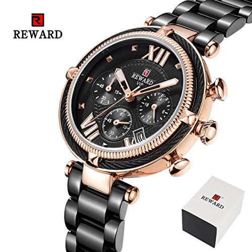 TOT Relojes de cronógrafo Deportivo para Mujer Reloj de Pulsera de Negocios de Cuarzo Resistente al Agua de 30 m con Pantalla de Calendario y Correa de Acero Inoxidable Regalo para Amante Amigo,Negro