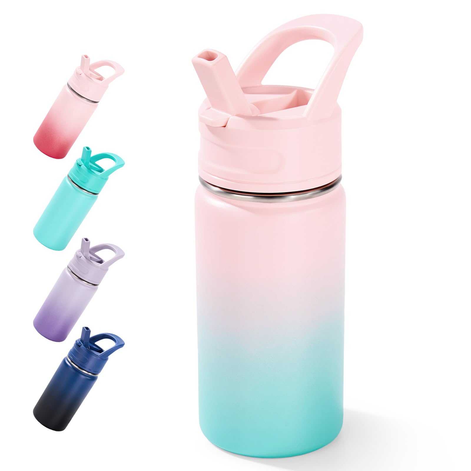 Fijinhom Kids Water Bottle for School, 360ml/12oz, Toddler Water Bottles with Straws, Stainless Steel Vacuum Insulated Water Bottles for Boys&Girls, Leak-Proof, BPA-Free,Gradient Pink Blue