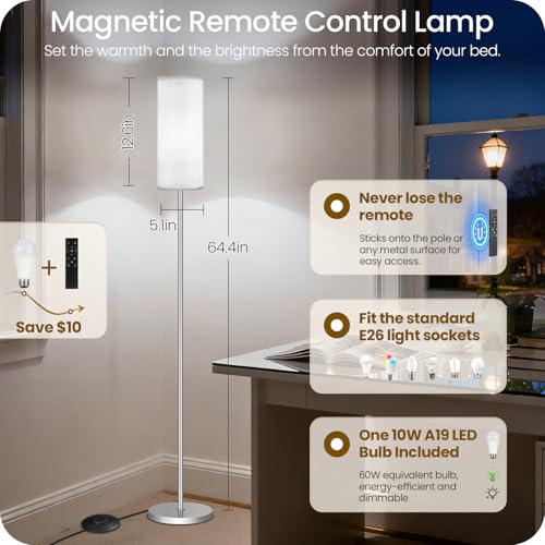 Image of Dimmable Floor Lamps for Living Room with Remote and Foot Switch, 64.4 inch Modern Standing Tall Lamp, Corner Lamp for Office, Bulb Included, 3000K-6500K, Silver and Off-White SW06LD05W1