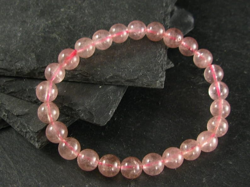 LKBEADS Naturalny kwarc truskawkowy 7 mm rondelle smooth 7 cali półprecyzyjne koraliki bransoletka z koralikami dla mężczyzn i kobiet, uzdrawiająca, kryształowa, rozciągliwa, bransoletka z koralikami,
