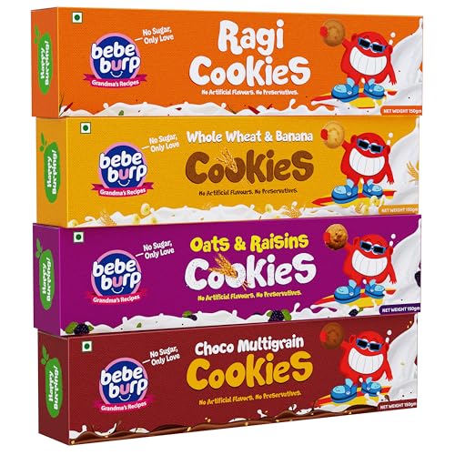 Image of BE'BE' BURP Ragi, Whole Wheat, Oats & Chocolate Cookies | Healthy Oats Biscuits & Ragi Cookies for Kids | Made With Jaggery, Honey & Cow Ghee| No Preservatives or Artificial Flavours | 150g-Pack of 4