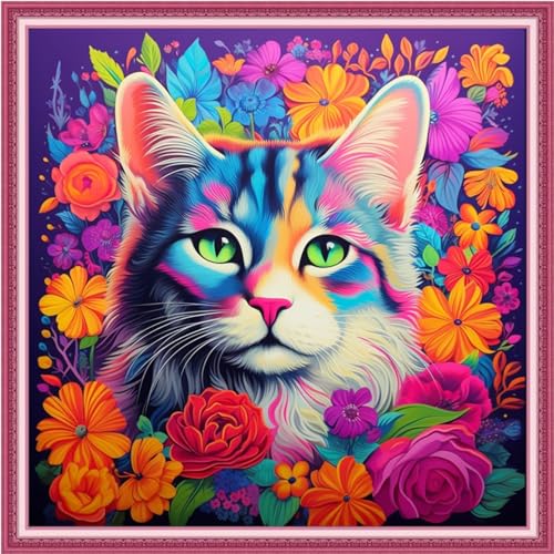 Image of Joyhoor Cross Stitch Kits for Beginners Stamped Cross-Stitch Supplies Needlework preprint Embroidery Kits for Adults DIY Needlepoint Kits Embroidery Patterns 11CT-Flower Cat 18.x18 inch