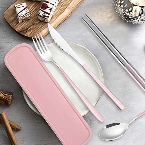 Edelstahl-Besteckset mit Etui, TWUTGAYW Tragbares Reisebesteck, Wiederverwendbares Gabel-LöFfel-Messer-EssstäBchen-Set für BüRo, Schule, Reisen, Camping, Picknick (Rosa, Silbrig)