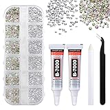 Rhinestones for Crafts, Clear Flatback Nail Gems, Kaluofan 1728 PCS Rhinestones with B7000 Glue Tweezers and Picking Pen, Silver and Iridescent 2 Style, for Crafts Nail Earring Phone Cases Clothes
