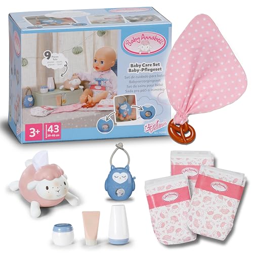 Baby Annabell Babypflegeset - 7-teiliges Puppenzubehör-Set - inkl. Windeln, Taschentuchspender, Pretend Cream & Flaschen, Beißspielzeug & Eulenspiel - Für 36cm & 43cm Puppen - Geeignet für Kinder ab 3