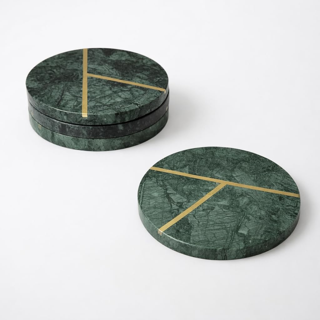 RM Green Marble Coasters with Brass Inlay Set of 4 | Luxury Round Stone Drink Coasters for Dining Table | Decorative Tea, Coffee & Cocktail Coasters for Hot & Cold Drinks | Tabletop Protection-image-21
