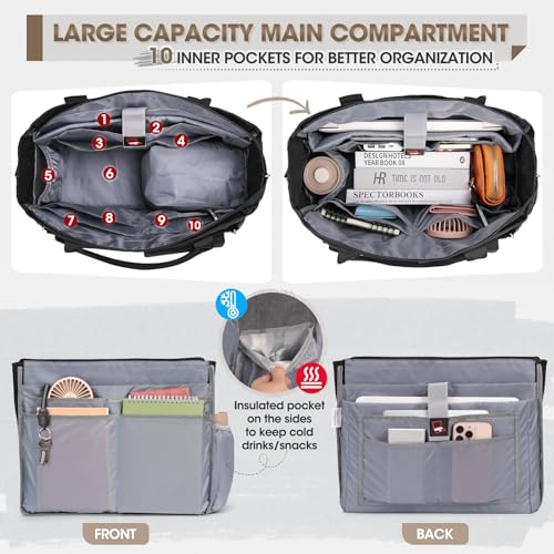 RAINSMORE Teacher Tote Bag with Insulated Lunch Compartment 15.6 inch Laptop Bag for Women Lightweight Work Bags Nurse Bags Professional Briefcase Computer Handbag for Office, College, Nursing, Black - Thumbnail 4