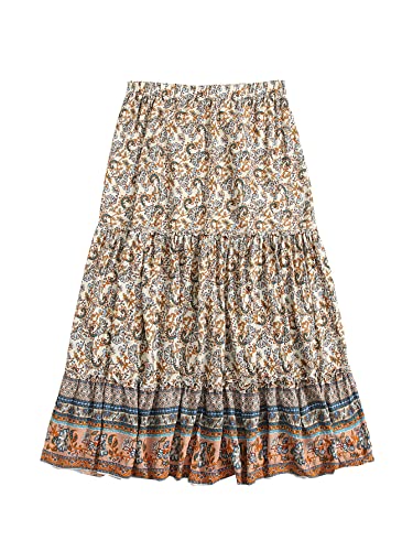 Milumia Women's Boho Vintage Floral Print Tie Waist A Line Maxi Skirts Beige Large #TOP1
