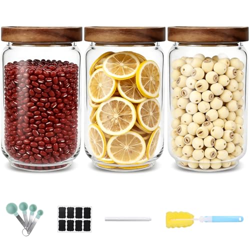 Luabue 4 Piezas Tarros de Cristal con Tapa Frascos de Vidrio Herméticos 450ml Botes de Cristal con Tapa de Madera para Alimentos, Pasta, Cereales, Legumbres, Café (3, 740, Mililitros)