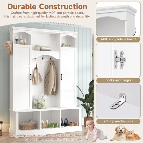 Merax Hall Tree with Bench and Shoe Storage 77.3" Tall with Adjustable Shelves, Modern All-in-One Entryway Bench with 2 Side Cabinets & 7 Hooks, Elegant Arched Design, 55.1"L x 15.7"W (White) by Merax - Used condition - Image 6
