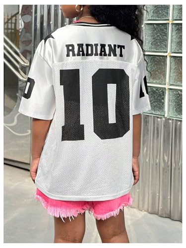 Image of RoseSeek Girl's Oversized T Shirts Letter Number Mesh Jersey Tops Short Sleeve V Neck Drop Shoulder Tees
