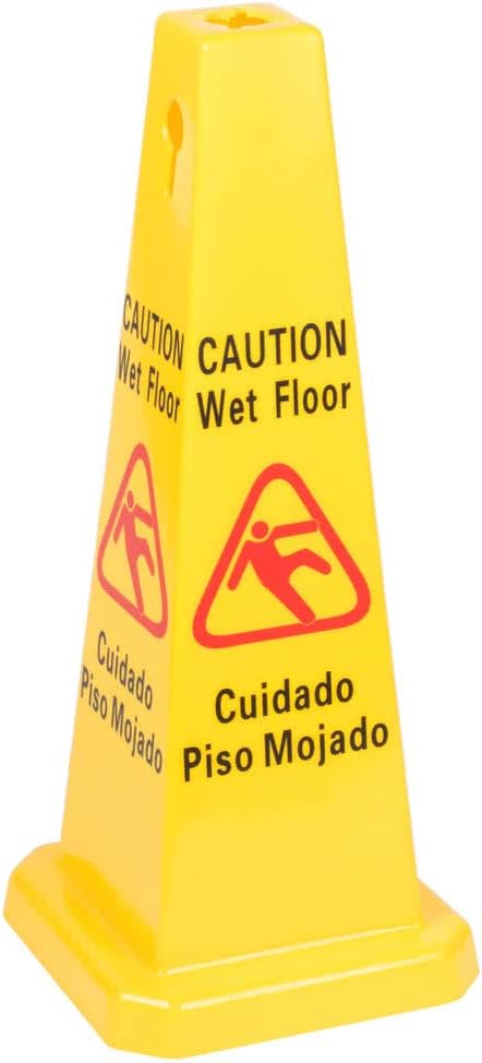 Two-Sided Wet Floor Caution Sign English/Spanish, Yellow, 27-Inch Cone Shape Plastic Sign, Caution Signs by Tezzorio