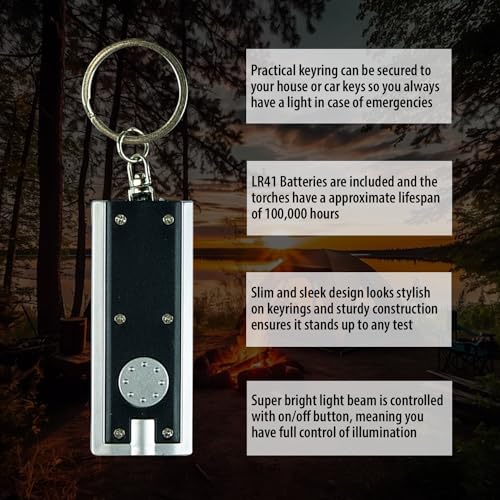 2pk Ultra Bright LED Small Keyring Torches - Batteries Included, Lasts up to 100,000 Hours, Ideal for Camping, Emergencies and Daily Use, Mini Flashlight Pocket Torches for Kids, Keychains Included - Image 2