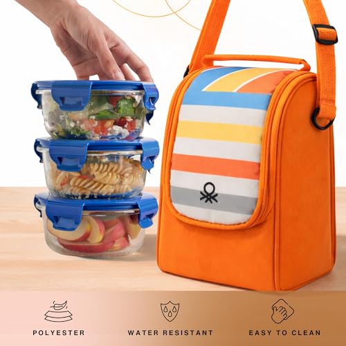 Image of United Colors of Benetton Lunch Bag for Women & Men, Insulated Bag, Tiffin Lunch Bag for Office /College /School, Bottle Holder, Lightweight, Durable Handles, Fits 3 Containers (Orange)