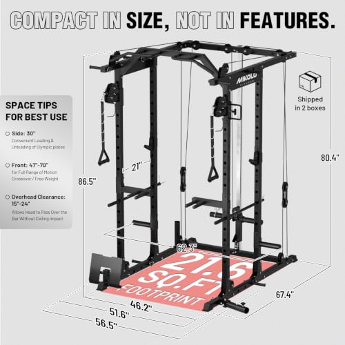 Image of Mikolo Power Cage, Power Rack with Cable Crossover System, 1500LBS Squat Rack with LAT Pull Down System, Workout Cage with Pulley System for Fitness Home Gym