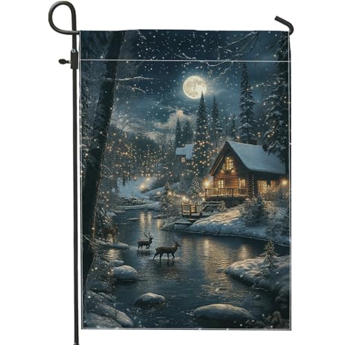 Bandera de jardín de noche estrellada de invierno, bandera de jardín decorativa de paisaje iluminado por la luna azul, decoración de césped al aire libre, bandera de patio de tela de doble cara, 12 x
