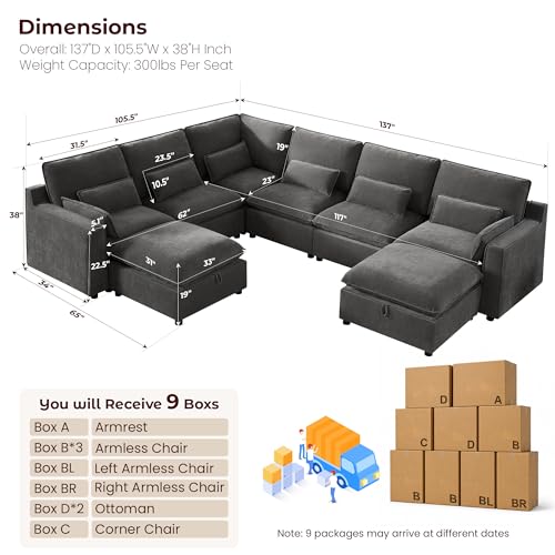 Image of WorthFurni Modern Modular Sectional Sofa,137 inch V Shape Sectional Cloud Couch with Storage Ottoman,Comfty 8 Seat Sofa for Living Room,Grey Chenille
