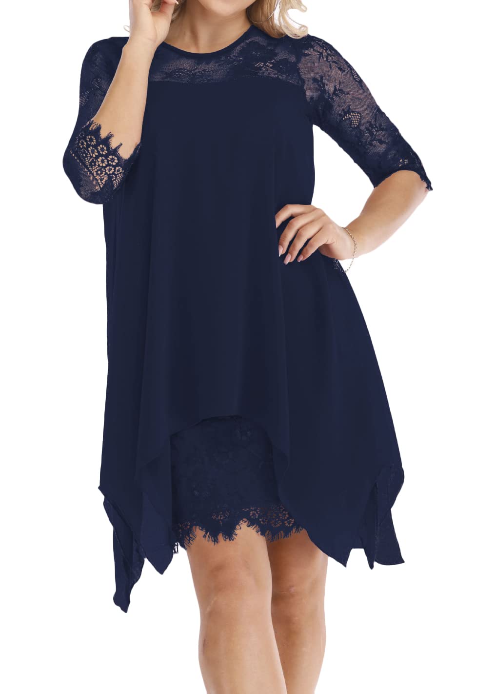shownicer Femmes Robe en Dentelle De Soie À Manches 3/4 Grande Taille Robes Lâche Elégante Au Genou Robe de Soirée Cérémonie Cocktail Mariage