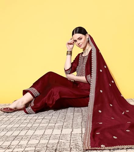 Image of SheWill Girl's Silk Womens Festive Ethnic Kurta Palazzo Set