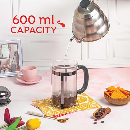 Image of Sipologie Vintage French Press Coffee Maker 600ml, Black I 4-Level Filtration I Heat Resistant Borosilicate Glass I Stainless Steel Housing | Measurement Marking, Coffee Spoon, Extra Filter Mesh