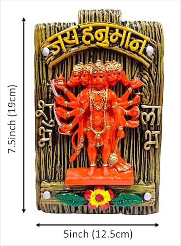 Image of Karigaari Panchmukhi Hanuman Wall Hanging Idol for Home Temple Decor | Jai Hanuman Decorative Showpiece | Shubh Labh Vastu Gift | Resin Hindu God Statue for Pooja Room I Luck