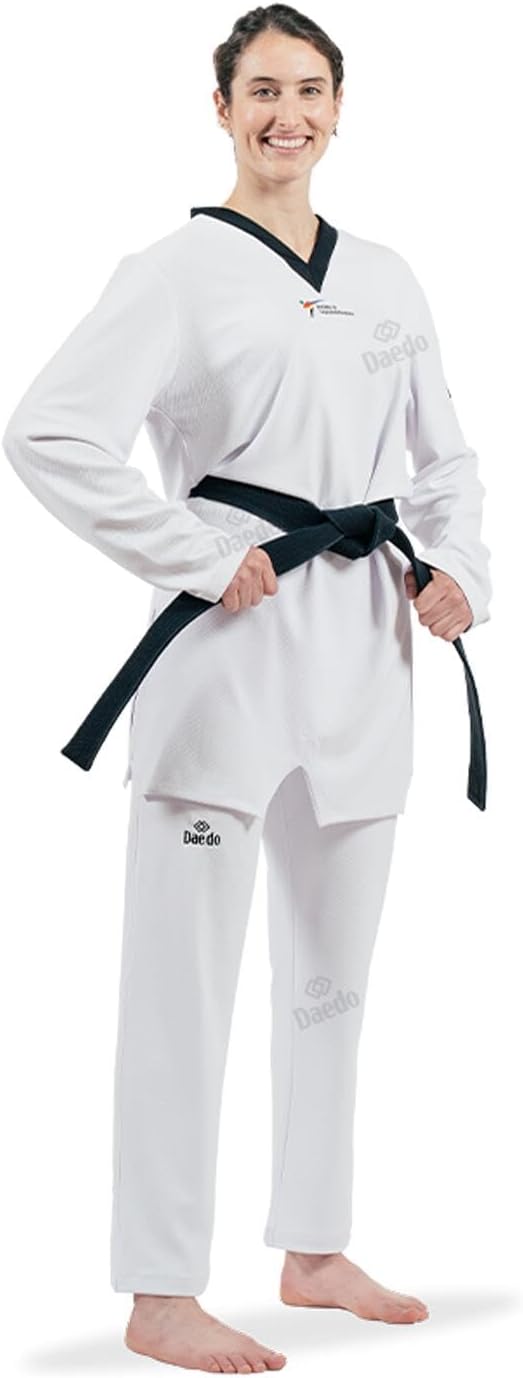 Daedo Shelron Competition Taekwondo Uniform - Black Neck, WT Recognized, Elastic Polyester-Spandex Fabric