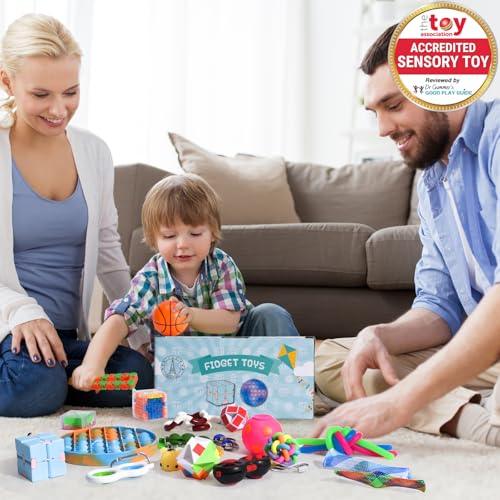 Fidget Toys Set – Anti Stress Spielzeug für Erwachsene und Kinder – French Way Skills Set zur Stressbewältigung und Konzentrationssteigerung – Enthält Pop It Stressball Fidget Cube und Akupressur Ring