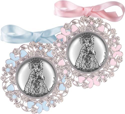 Medallón Metálico, Plateado y Esmaltado Ø6 cm, con Aplique Laminado en Plata de Ley 925‰ de La Virgen de los Desamparados. Con Opción de Personalizado. (09605-9)