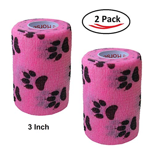 Image of Vet Wrap Wrap Tape (Pink with Paws) (2 Pack) (4 Inch x 15 feet) Self Adhesive Adherent Adhering Cohesive Flex Self Stick Bandage Grip Roll Dog Cat Pet Horse