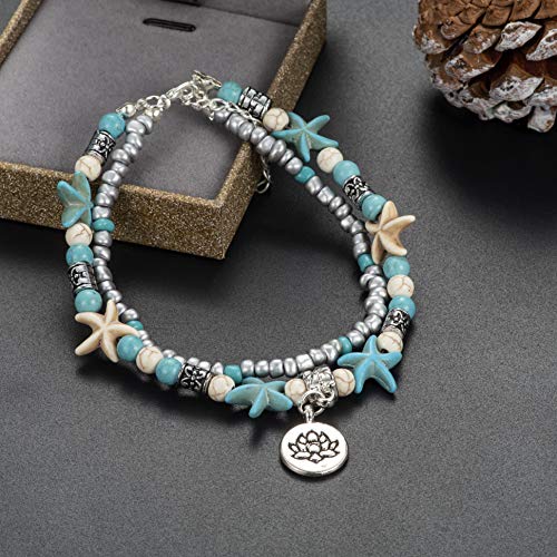 Image of Softones Blue Starfish Turtle Anklet Multilayer Charm Beads Sea Handmade Boho Anklet Foot Jewelry for Women