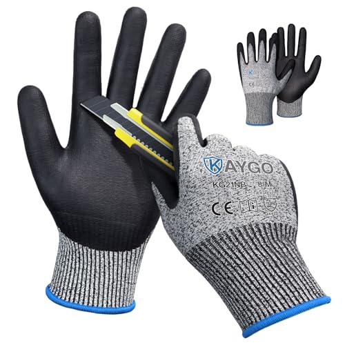 KAYGO 2 Paar Arbeitshandschuhe Schnittfest Level C, KG21N, Nitril Beschichtet Rutschfester Griff, Waschbar, EN388 4X42C Schnittschutz Handschuhe für Schneiden, Lager, Bau, Auto (Grau, M, Gr 8)