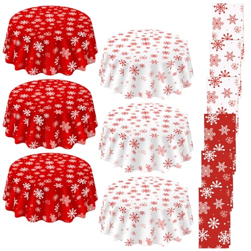 Image of Ganeen 6 Pcs Christmas Snowflakes Table Cover Decorations 84 Inch Red and White Plastic Tablecloth Winter Snowflake Holiday Party Decorations Table Cover for Christmas New Year Party Supplies