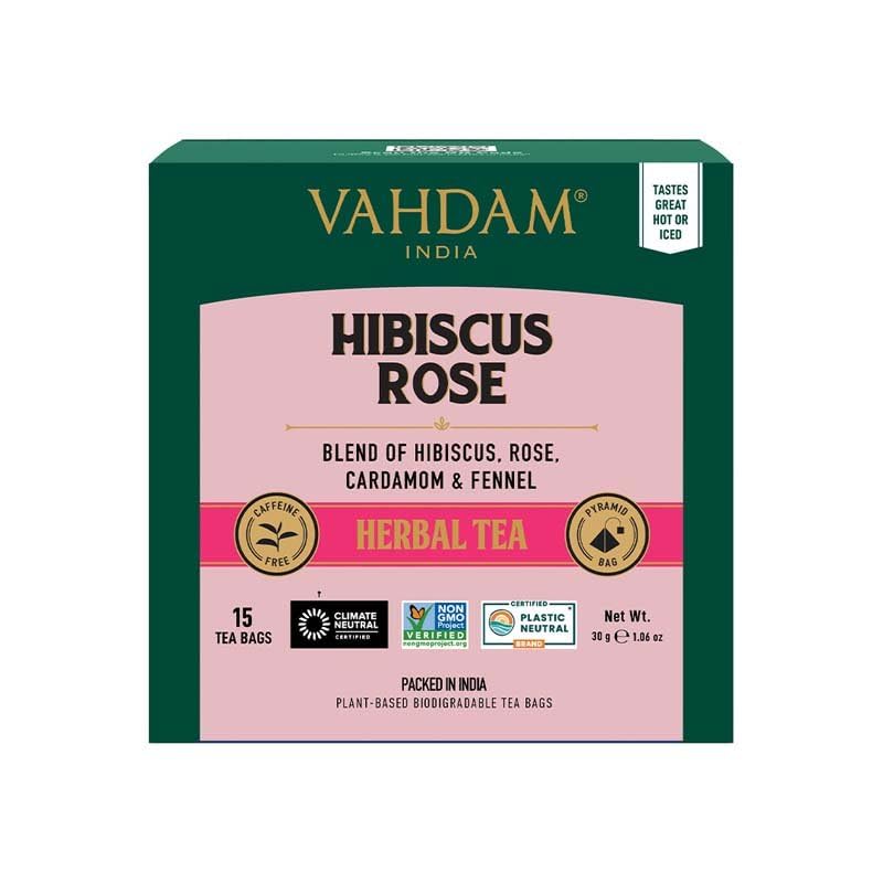 Miniatura 2 de VAHDAM, Bolsas de té de hierbas de flores de hibisco (15 unidades) sin cafeína, sin OMG, sin gluten, té de hibisco  Tisana de sabor floral - Pétalos