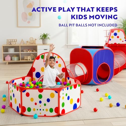 Image of Playz 5pc Pop Up Play Tent and Crawl Through Tunnels for Kids w /Carry Bag | Ball Pit for Toddlers with Play Tunnels, Baby Tents Indoor playground for age 3+ Boys and Girls [Pit balls not included]
