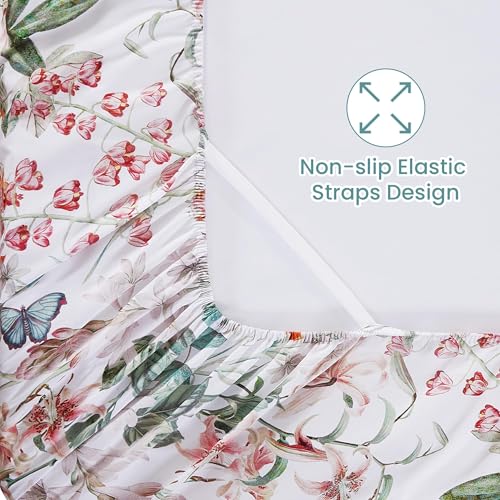 Image of Softan Green Floral Queen Sheet Set, Cozy Microfiber Butterfly Printed Fitted Bed Sheet with 15 inch Deep Pockets & Corner Non-Slip Straps, Botanical Patterned Sheets & Pillowcase Set