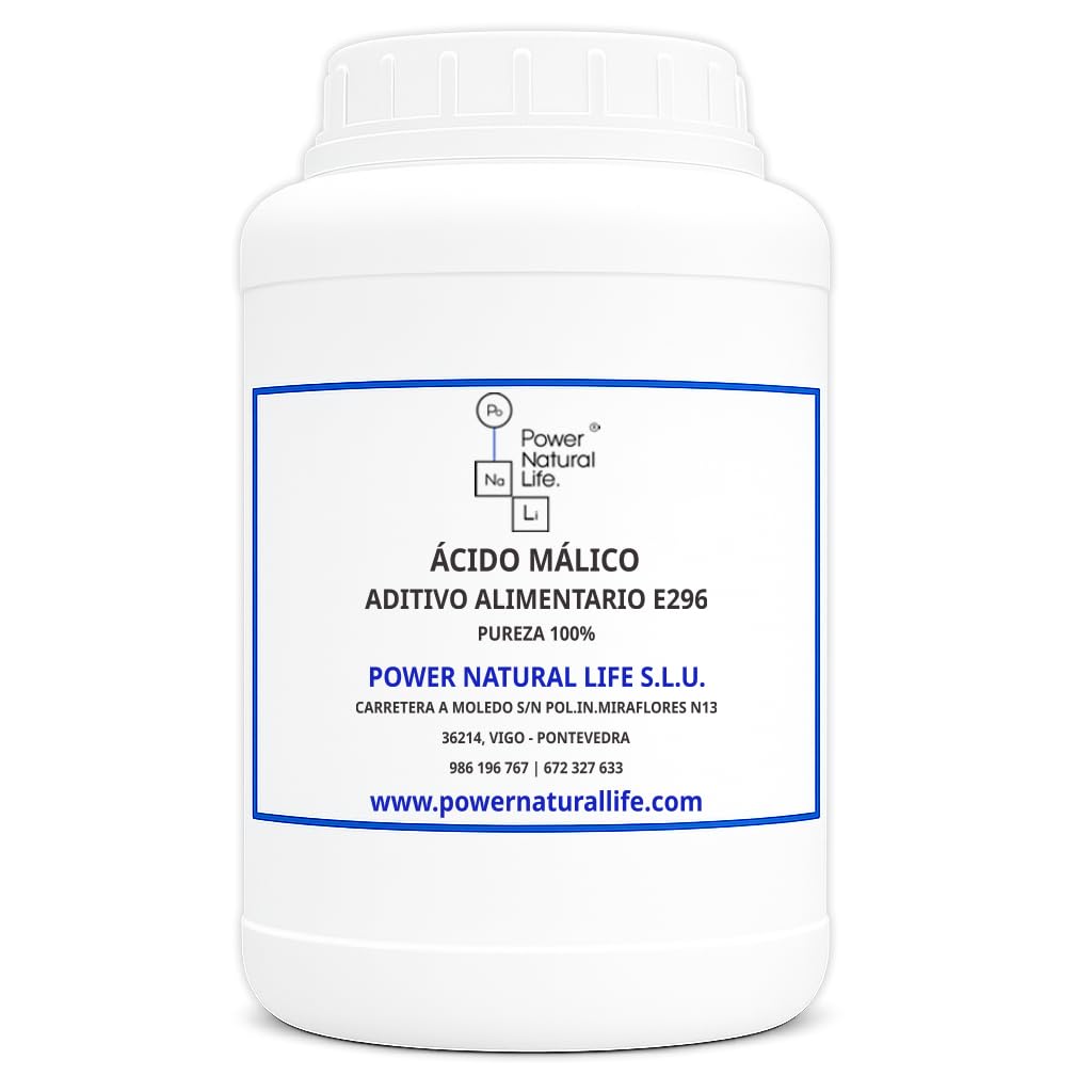 Ácido Málico en Polvo | Power Natural Life | Bote 1 kg | Aditivo Alimentario E296, Uso Técnico e Industrial | Regulador de Acidez, Acidulante y Agente Tecnológico