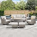 AMCLOBA Patio Furniture Set with 42.5" Fire Pit Table-6 Pieces All Weather Wicker Outdoor Furniture with High Back Swivel Patio Chairs Set of 2 Outdoor Couch for Deck Backyard Beige/Gray