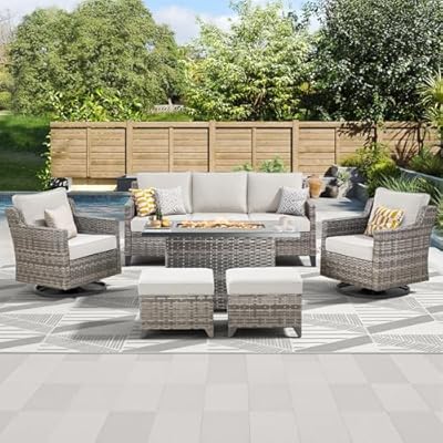 AMCLOBA Patio Furniture Set with 42.5" Fire Pit Table-6 Pieces All Weather Wicker Outdoor Furniture with High Back Swivel Patio Chairs Set of 2 Outdoor Couch for Deck Backyard Beige/Gray