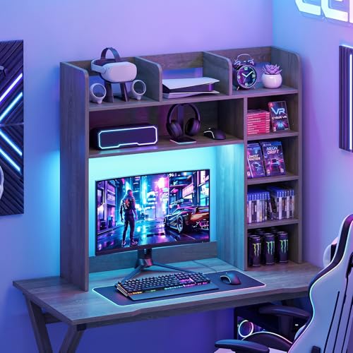 Image of Tangkula Desktop Bookshelf with LED Lights, Desk Hutch with 8 Shelves for Max 25 inch Monitor, Desktop 5-Tier Display Rack, Multipurpose Wood Desktop Storage Hutch Organizer for Dorm Office Home (Grey)