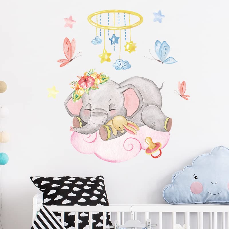 Image of Baby Elephant Wall Stickers for Nursery - Sleeping Elephant Cloud Bunny Butterfly Wall Decals Waterproof Removable - Large Baby Room Decoration Kids Bedroom Playroom Decor Baby Shower Gift Boy Girl