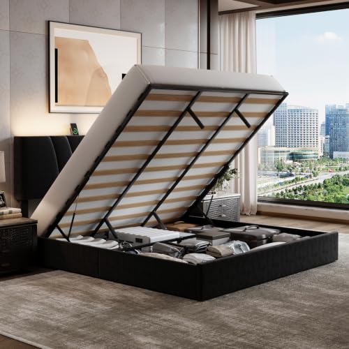Image of Novilla King Lift Up Storage Bed Frame /Charging Station /LED Light, Black