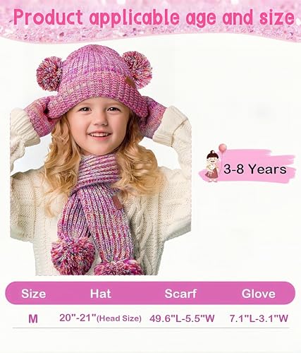 Kids Winter Gloves Hat Scarf Set for Cold Weather, Toddler Children Girls Fleece Lined Knit Pom Pom Beanie, Neck Warmer & Mittens Kids Christmas Gifts for Girls 3 4 5 6 7 8 Years Old - Rainbow2