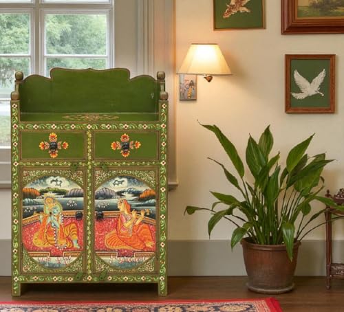 Image of APRODZ Hand-Painted Solid Wood Sideboard Cabinet | Wooden Storage Cabinet for Bedroom Living Room & Kitchen | Crockery Cabinet, Kitchen Storage | Multicolor, 28x14x47 Inches