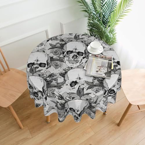 YBGHDAA Mantel redondo de poliéster con estampado de calavera y esqueleto de 60 pulgadas, decoración vintage de granja y comedor