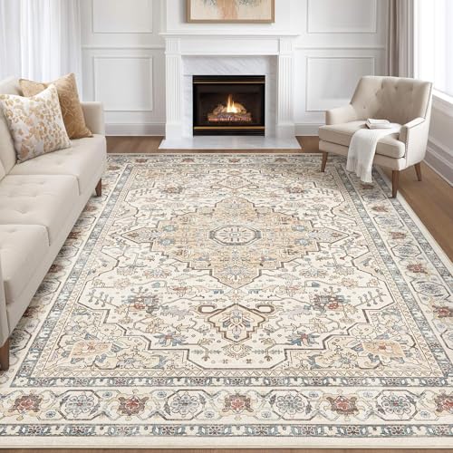 8x10 Area Rugs Living Room: Washable Boho Large Neutral Vintage Soft Rug Stain Resistant Farmhouse Non Slip Indoor Floor Carpet for Bedroom Nursery Kids Playroom Office Dining Room- Cream Blue