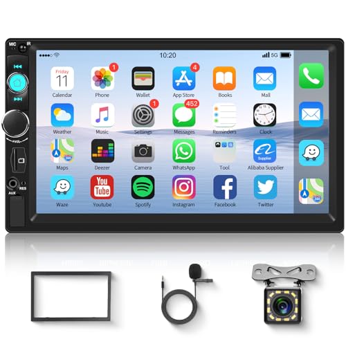 Radio de Coche 2 DIN con Bluetooth Manos Libres, Hodozzy 7 Pulgadas Pantalla Táctil Reproductor MP5 con AUX/USB/FM Radio, Estéreo de Coche 2 DIN Mirrorlink/Luz de Fondo/Controles del Volante+ Cámara