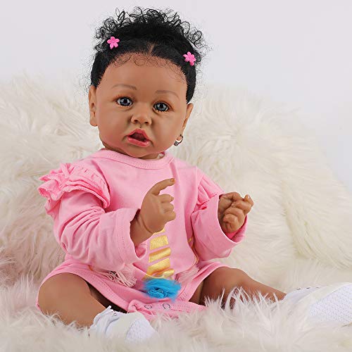 Image of HOOMAI Reborn Baby Black Dolls African American Lifelike Silicone Doll Realistic 22.8 Inch with Cloth Body Birthday Gift Set for Ages 3+